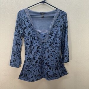 Apt 9 Women Y2K Babydoll Fairy Grunge Top Sz M Blue Floral Empire Waist Tie Lace